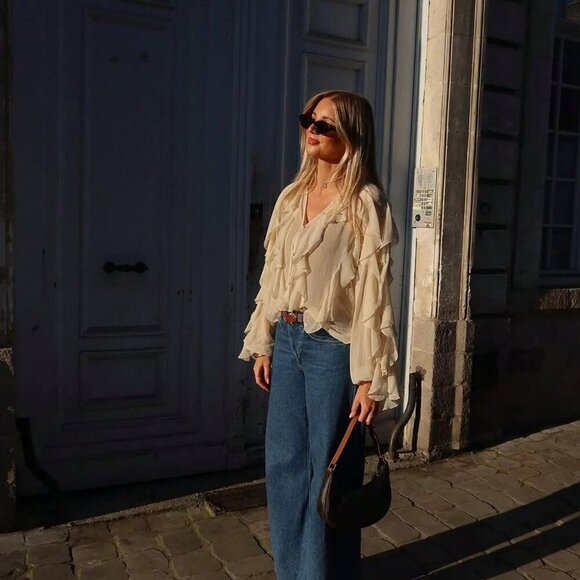 Tan Casual Women's Ruffle Trim Lantern Blouse Shirt - Picture 8 of 10